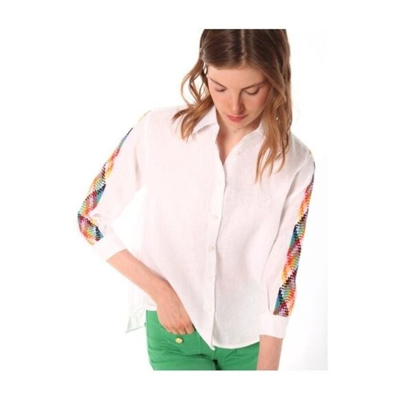 Vilagallo White Sara Linen 3/4 Sleeve Shirt W Multicolor Embroidered Sleeves S - Picture 7 of 7